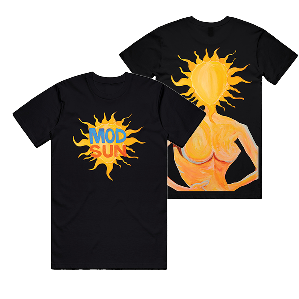 A black short sleeve cotton tee with Mod Sun logo on the front and model painting on the back.