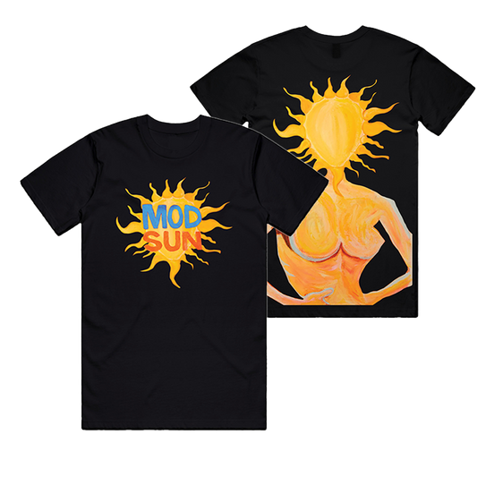 A black short sleeve cotton tee with Mod Sun logo on the front and model painting on the back.