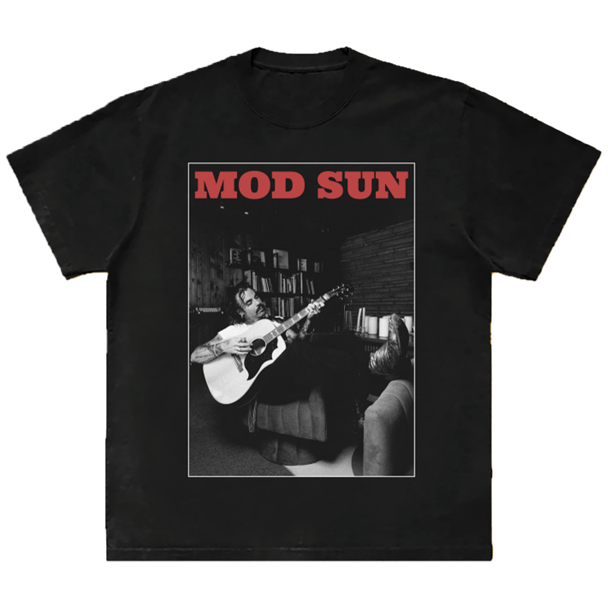 A classic black cotton tee shirt with a photo of Mod Sun on the front.