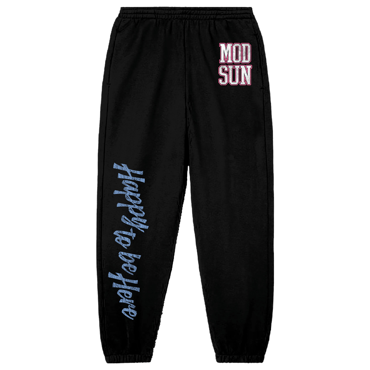A classic black jogger with Mod Sun logo and Happy to be Here along the leg, from Mod Sun.