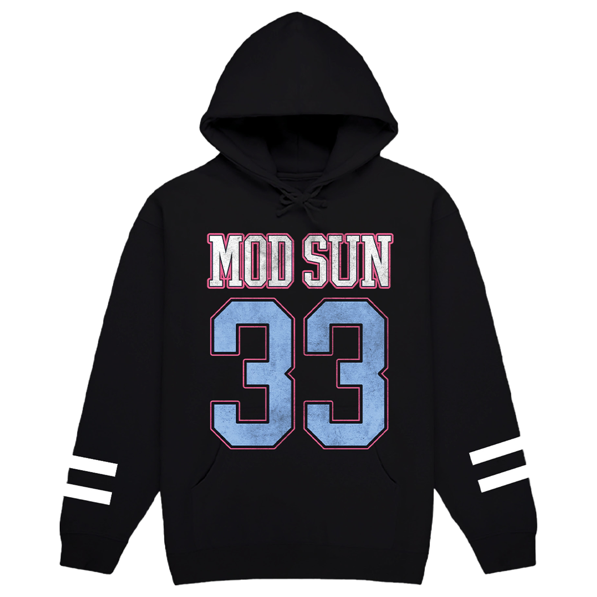 A classic black hoodie with Mod Sun logo and artwork on the front and Happy to be Here tour locations on the back.