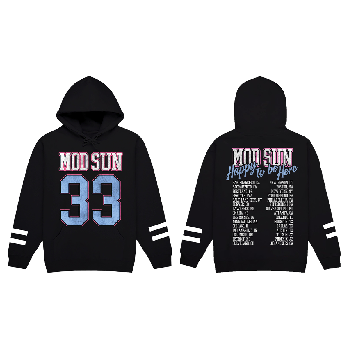 A classic black hoodie with Mod Sun logo and artwork on the front and Happy to be Here tour locations on the back.