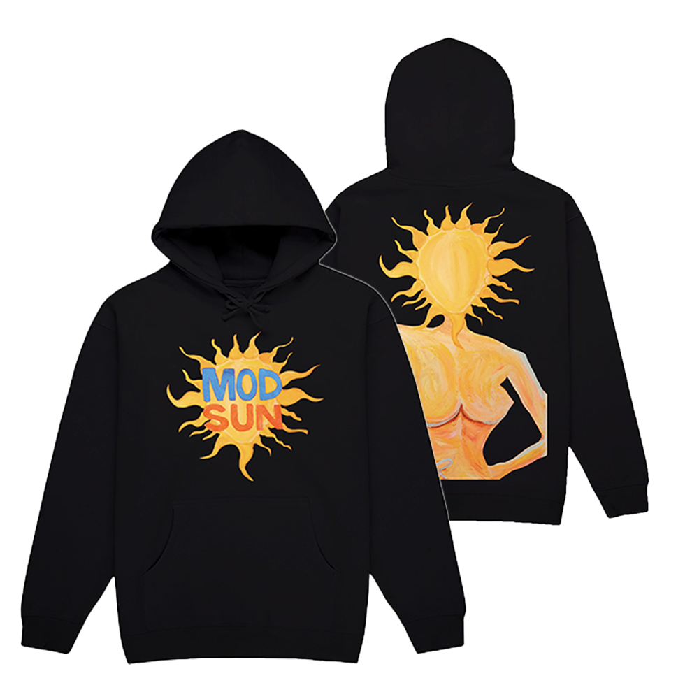 Classic black hoodie sweatshirt with Mod Sun logo on the front and model painting at the back.
