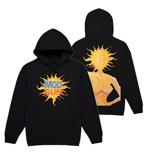 Classic black hoodie sweatshirt with Mod Sun logo on the front and model painting at the back.