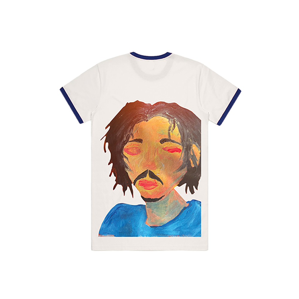A classic white cotton short sleeve ringer tee with contrast blue cuff and crew neckline. With the Mod Sun logo on the front and a self portrait painting at the back.