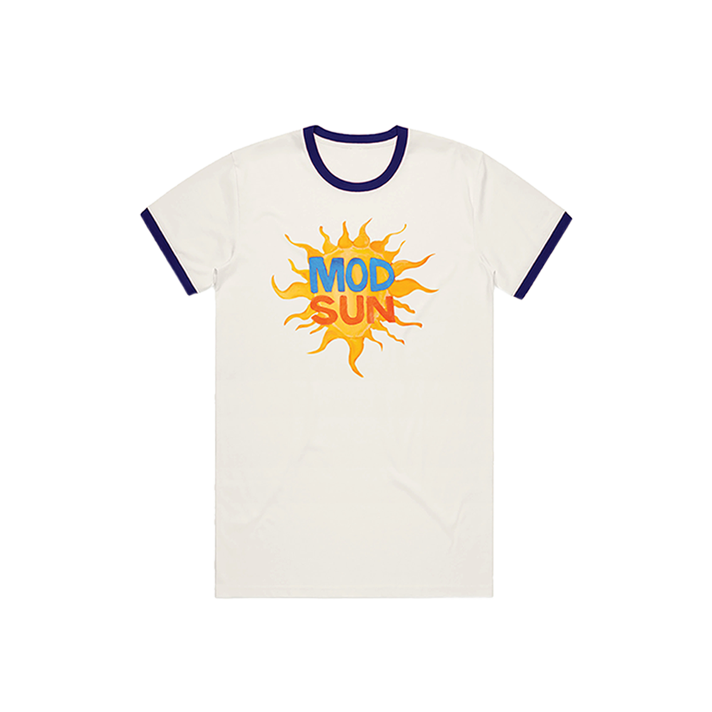 A classic white cotton short sleeve ringer tee with contrast blue cuff and crew neckline. With the Mod Sun logo on the front and a self portrait painting at the back.