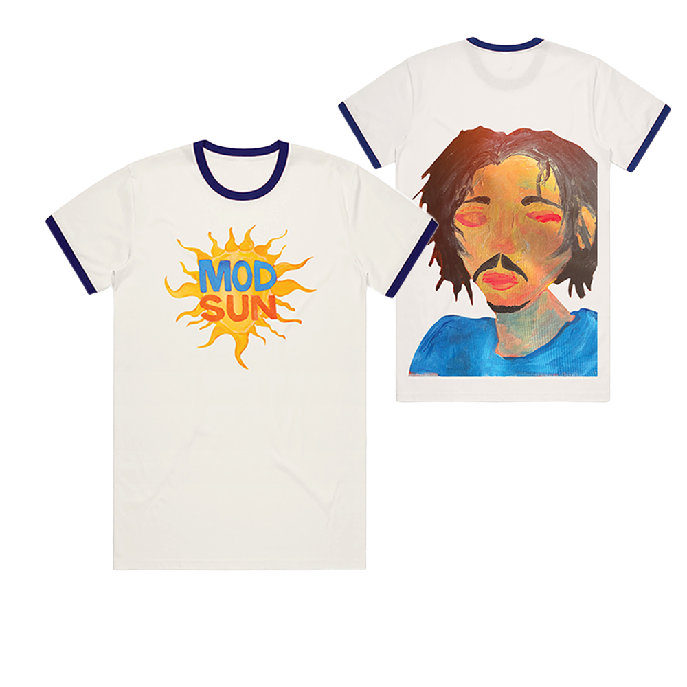 A classic white cotton short sleeve ringer tee with contrast blue cuff and crew neckline. With the Mod Sun logo on the front and a self portrait painting at the back.