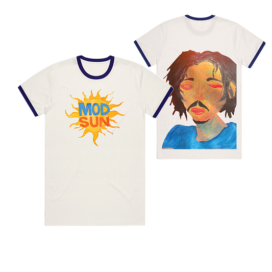 A classic white cotton short sleeve ringer tee with contrast blue cuff and crew neckline. With the Mod Sun logo on the front and a self portrait painting at the back.