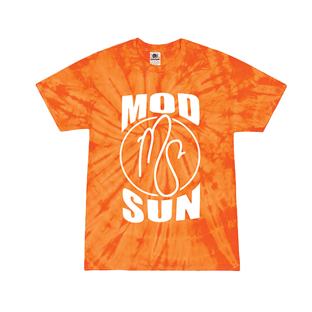 An orange tie dye short sleeve tee with Mod Sun logo on the front.