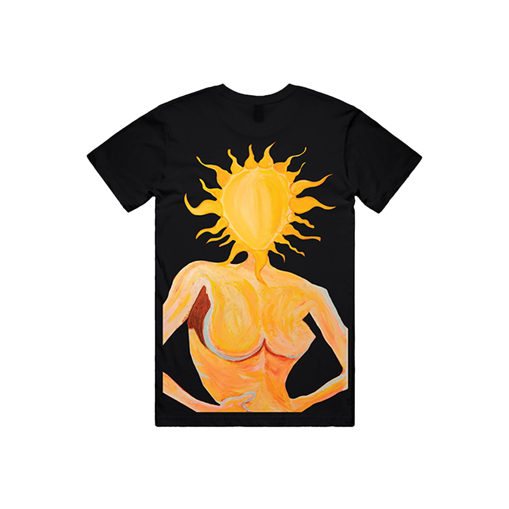 A black short sleeve cotton tee with Mod Sun logo on the front and model painting on the back.