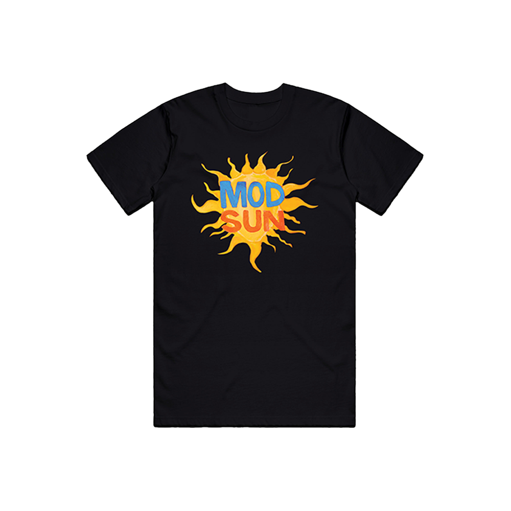 A black short sleeve cotton tee with Mod Sun logo on the front and model painting on the back.
