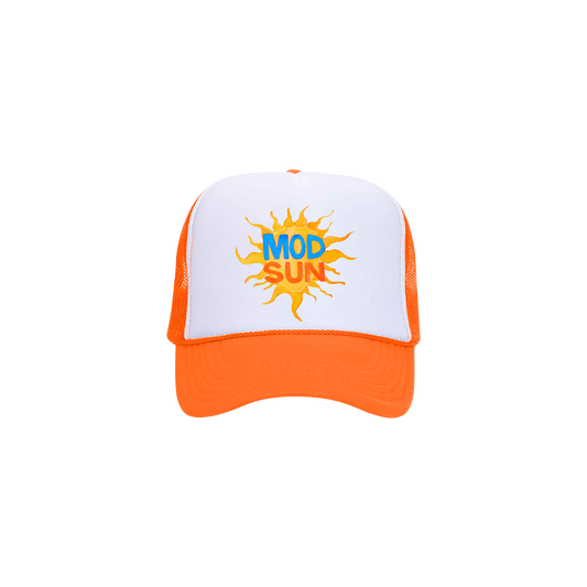 A classic white and orange trucker hat with Mod Sun logo on the front.