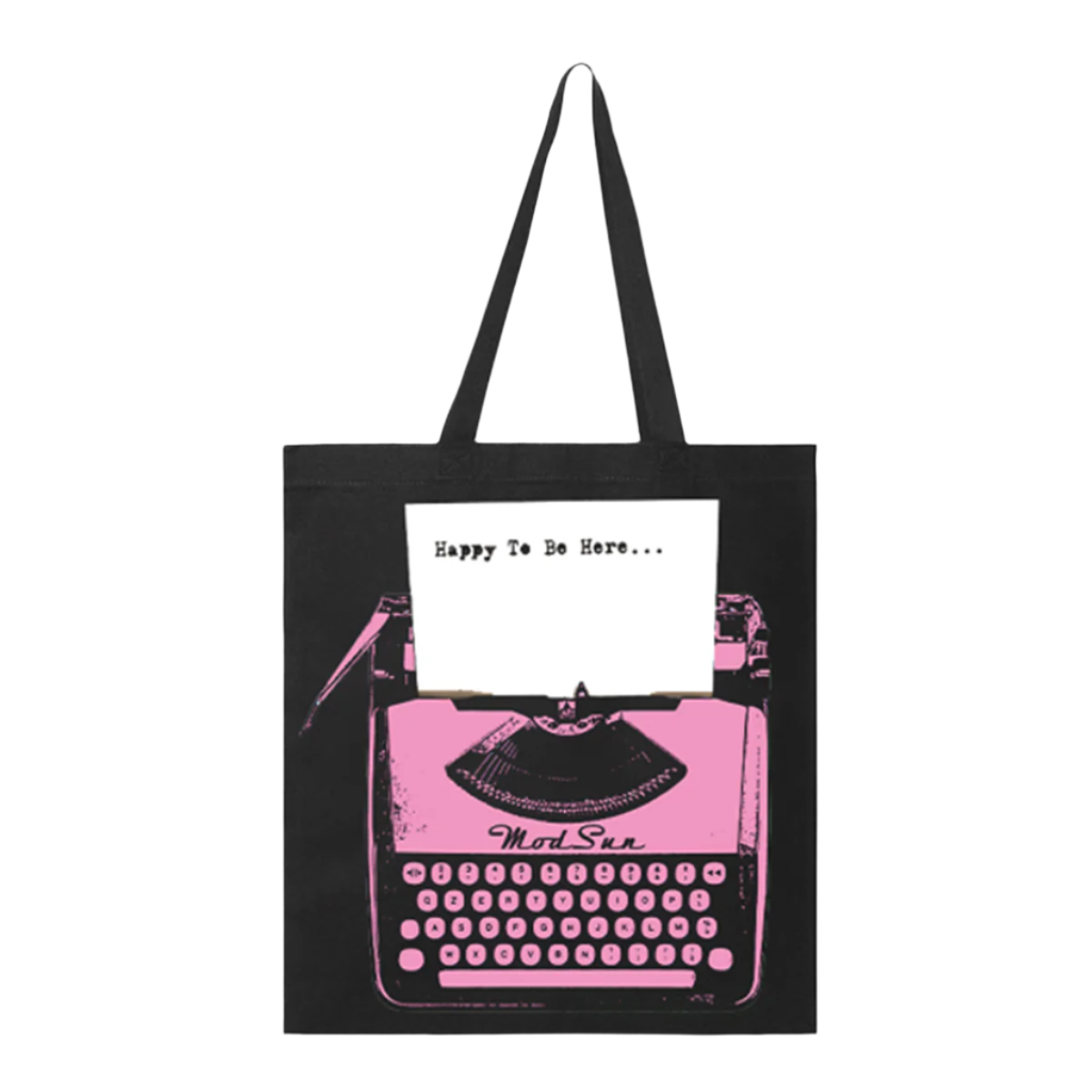 A classic black tote bag with pink typewriter on the front, from Mod Sun.