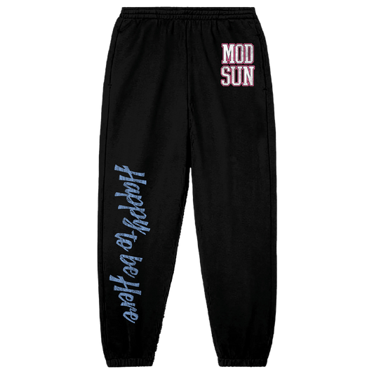 A classic black jogger with Mod Sun logo and Happy to be Here along the leg, from Mod Sun.