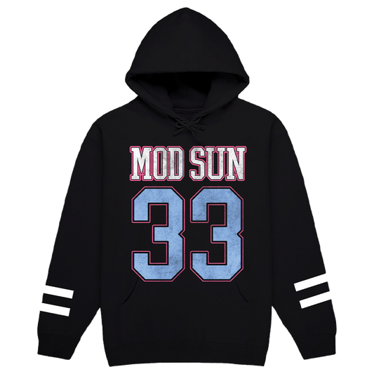 A classic black hoodie with Mod Sun logo and artwork on the front and Happy to be Here tour locations on the back.