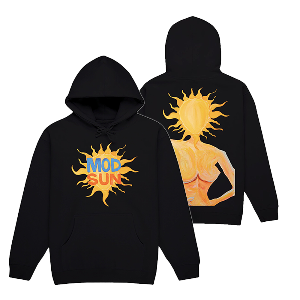 Classic black hoodie sweatshirt with Mod Sun logo on the front and model painting at the back. 