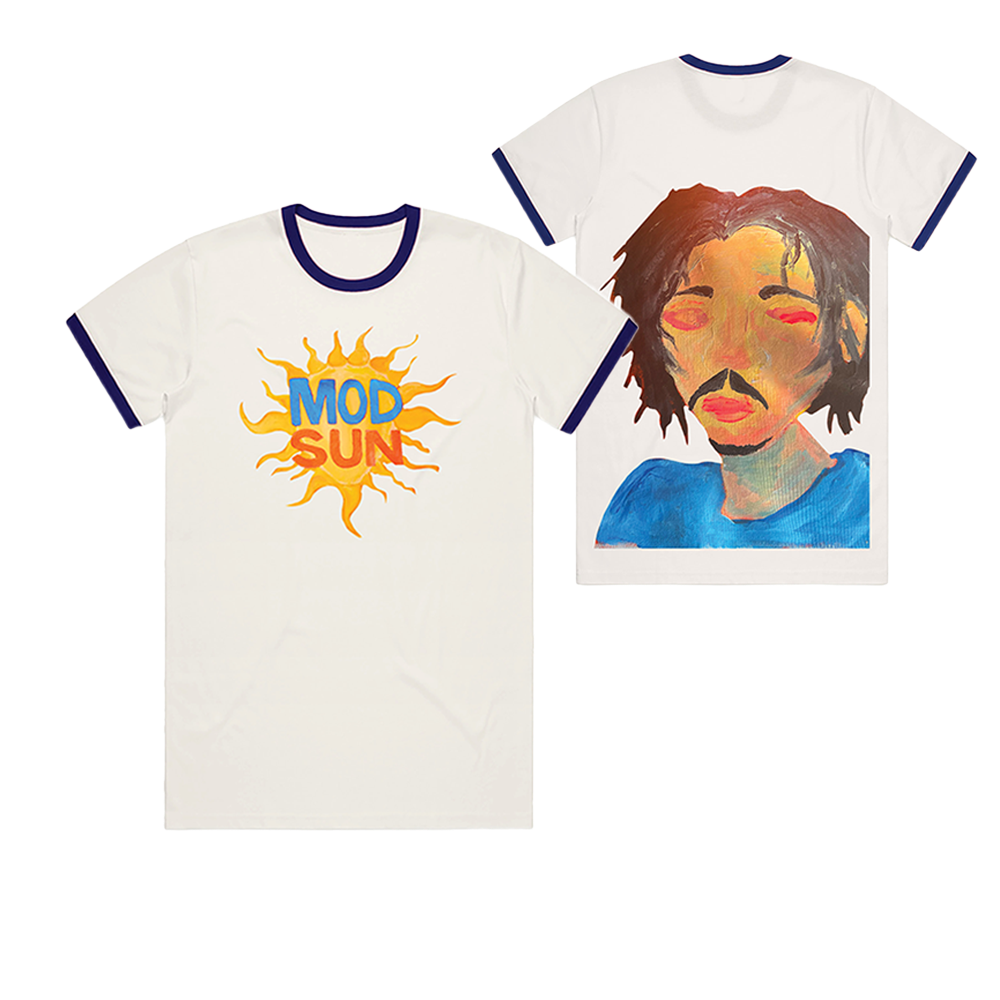 A classic white cotton short sleeve ringer tee with contrast blue cuff and crew neckline. With the Mod Sun logo on the front and a self portrait painting at the back. 