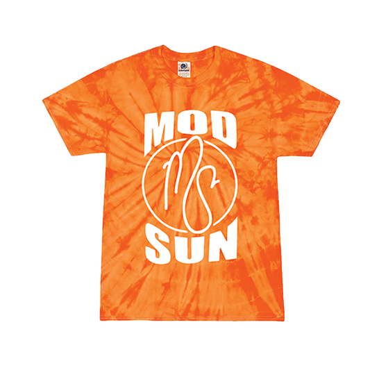 An orange tie dye short sleeve tee with Mod Sun logo on the front. 