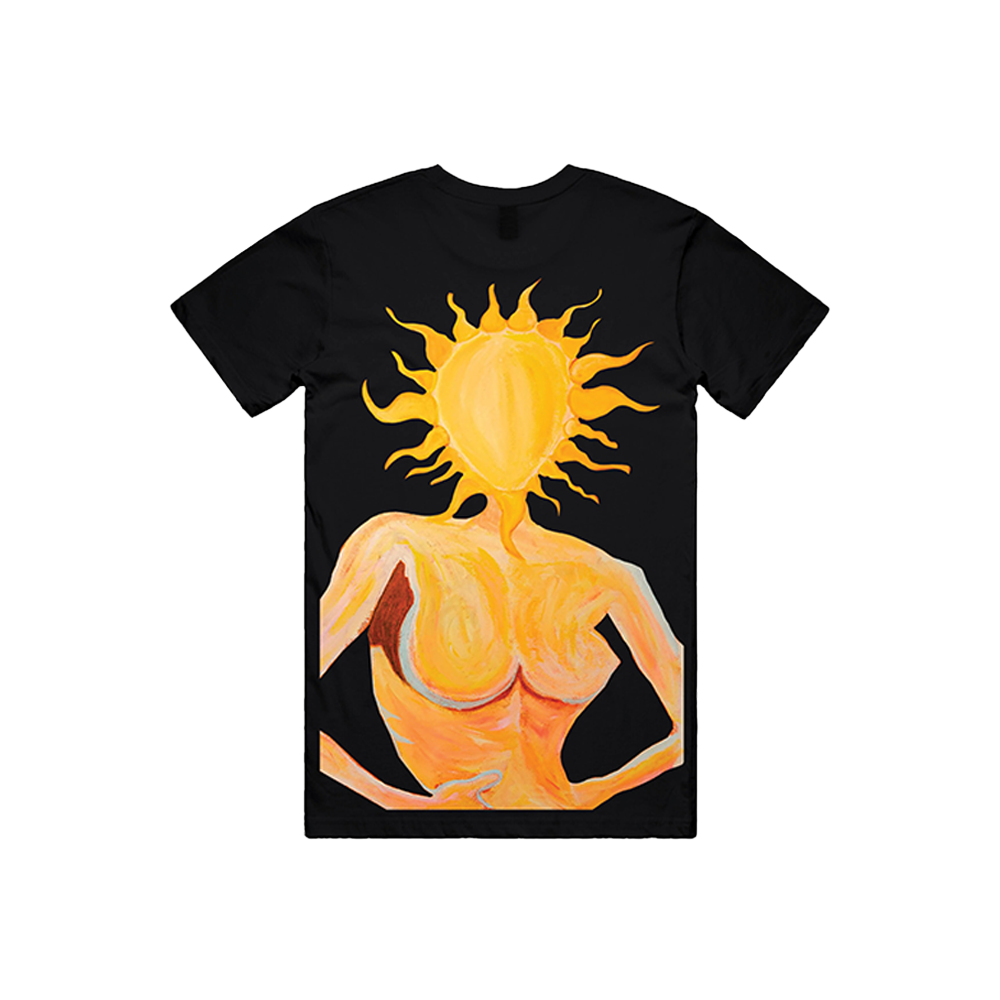A black short sleeve cotton tee with Mod Sun logo on the front and model painting on the back. 