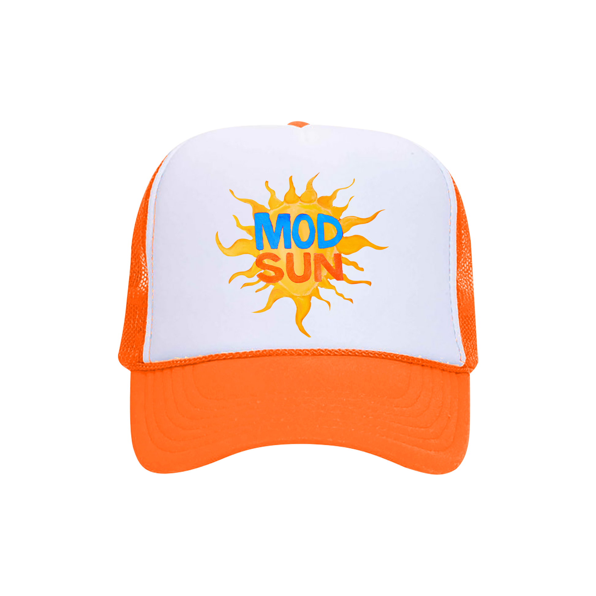 A classic white and orange trucker hat with Mod Sun logo on the front.