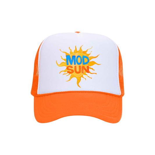 A classic white and orange trucker hat with Mod Sun logo on the front.